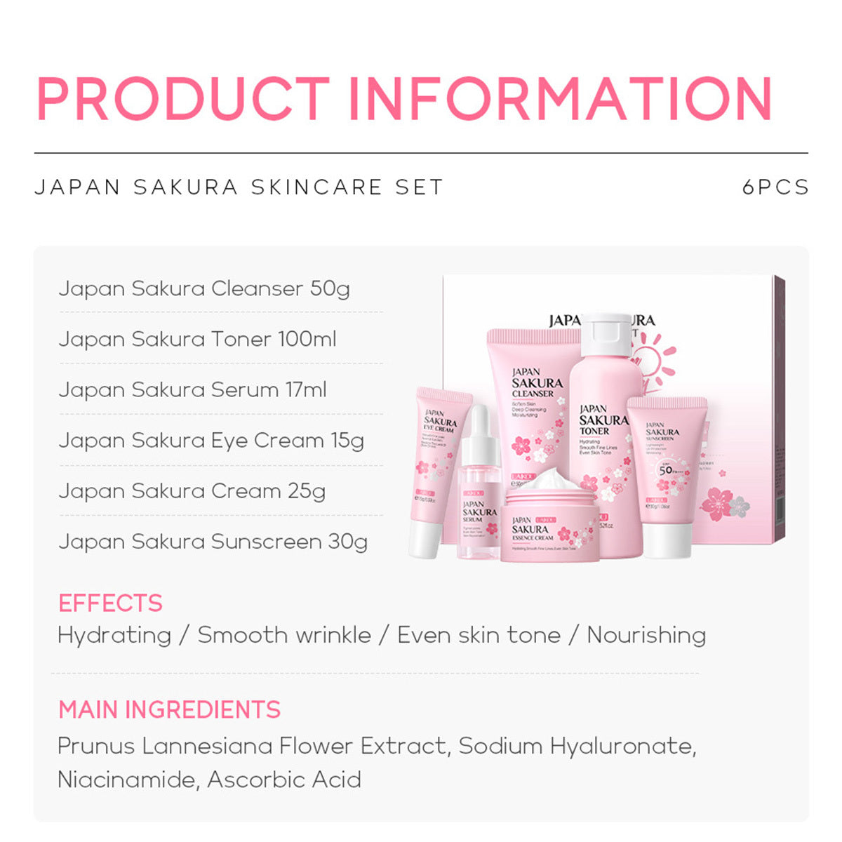 Skin Care Set 6 pcs JAPAN SAKURA - TSA-friendly